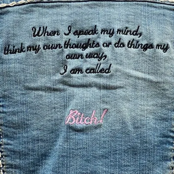 RTB Real Tough B itch Denim Jacket LARGE Biker Babe Blue Jean Embroidered Bling - Picture 5 of 12